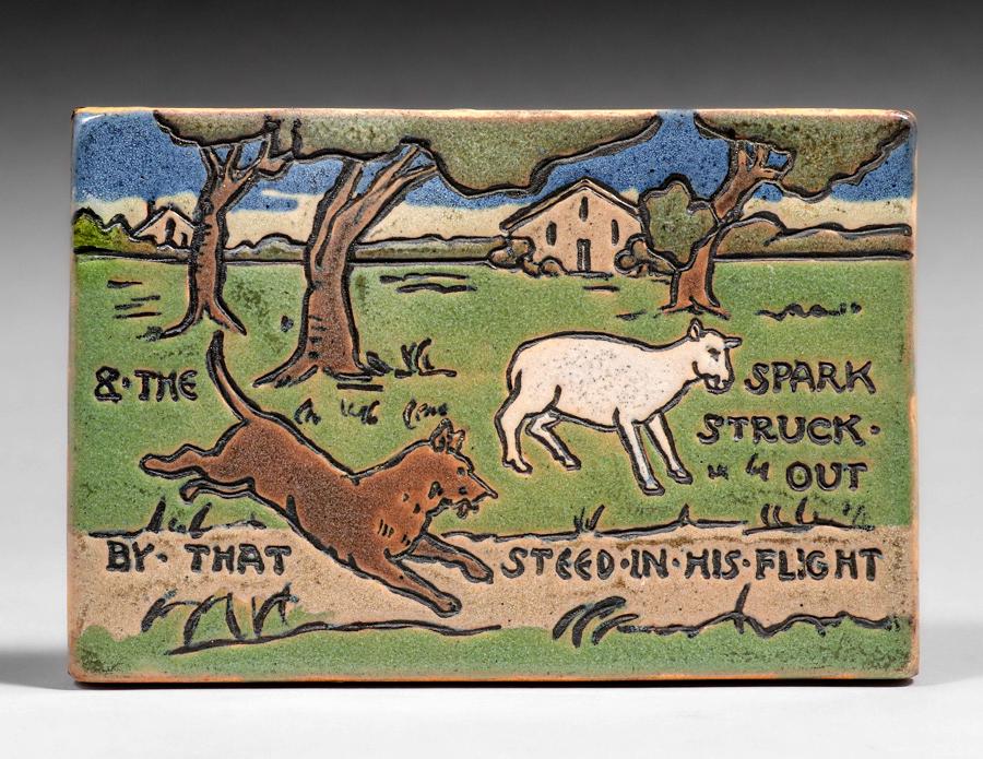 Saturday Evening Girls Albina Mangini Scenic Tile c1915: Saturday Evening Girls Albina Mangini Scenic Tile c1915. Signed. Perfect condition. 6 1/8"w x 4 1/8"h. Spend $5000 or more at this auction and all of your SHIPPING IS FREE within the lower 48 states. 