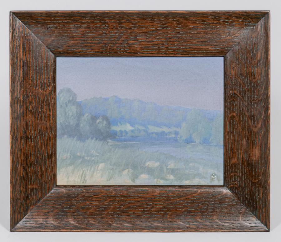 Rookwood Pottery Margaret Helen McDonald Scenic Plaque 1915: Rookwood Pottery Margaret Helen McDonald Scenic Plaque 1915. Signed. Perfect condition. Tim Holton custom oak frame. 7.25h x 9.25w. Frame 12h x 14w inches. Spend $5000 or more at this auction and all 