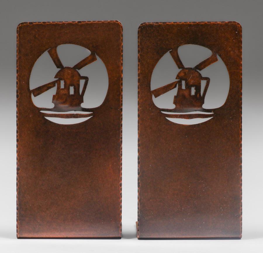 Forest Craft Guild Hammered Copper Windmill Cutout Bookends c1910 (1 of 2)