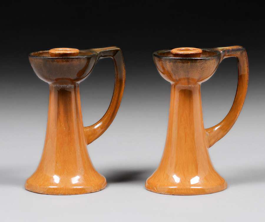 Pair Fulper Pottery One-Handled Candlesticks c1910 (1 of 5)