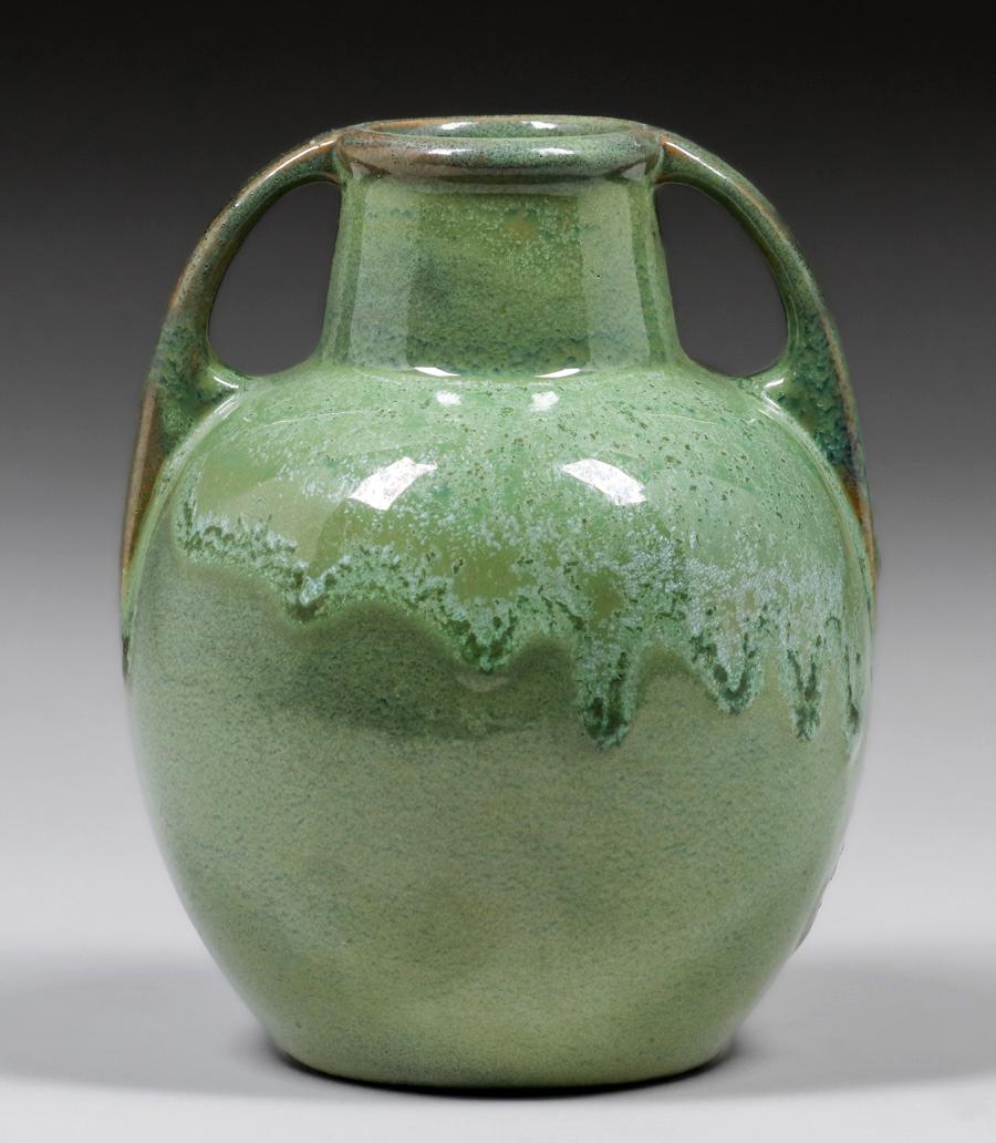 Fulper Pottery Two-Handled Green Drip Vase c1910s (1 of 4)