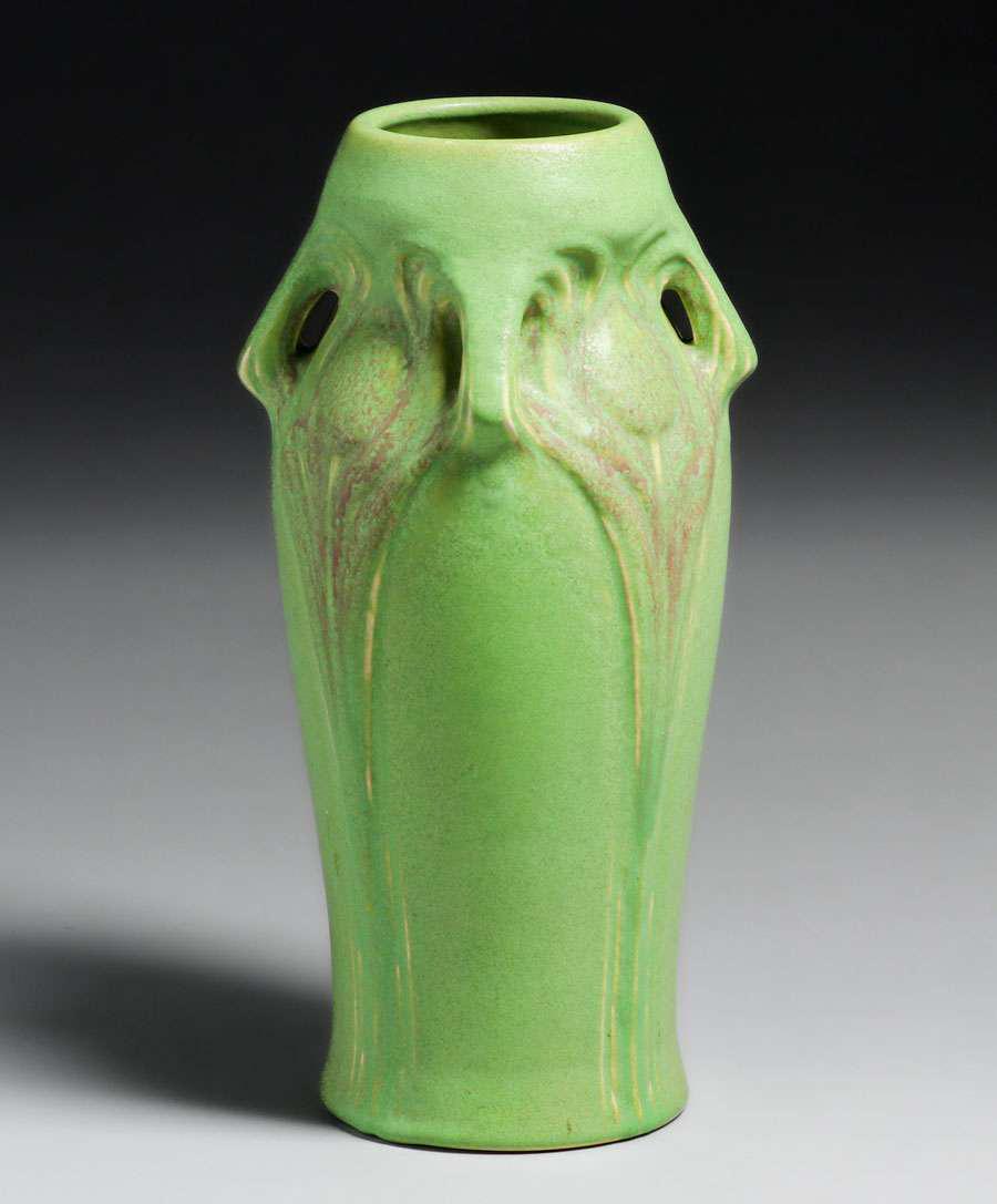 Large Early Van Briggle Matte Green #229 Peacock Feather Four-Handle Vase 1903 (1 of 4)