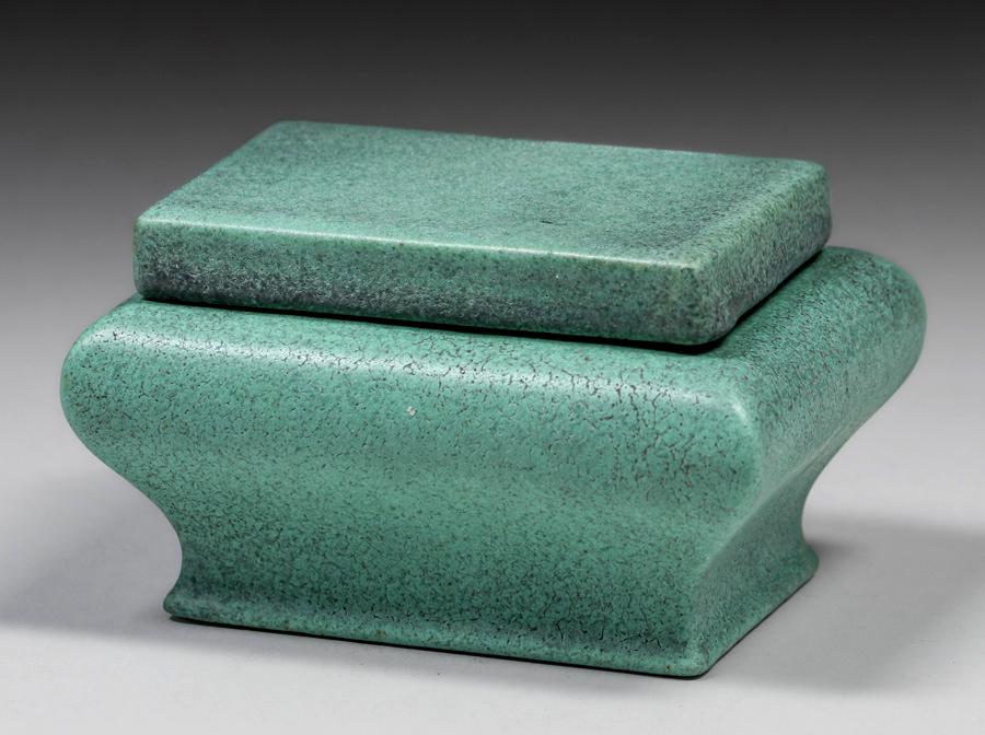 Teco Pottery Matte Green Rectangular Covered Vase c1910 (1 of 7)