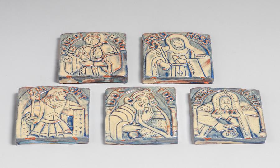 Moravian Canterbury Tales Tiles c1990s: Moravian Canterbury Tales Tiles c1990s. Unsigned. A few minor edge chips. 4" x 4". Spend $5000 or more at this auction and all of your SHIPPING IS FREE within the lower 48 states. SHIPPING We box and 