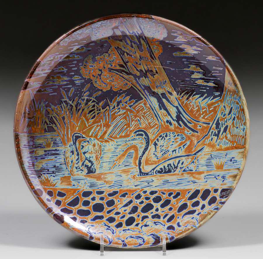 Jerome Massier Iridescent Swans Charger c1894: Jerome Massier (1850-1916) Iridescent Swans Charger c1894. Brother of Clement Massier. Artist signed â€œBlanchard”. Invisible professional restoration to a few light surface scuffs otherwise
