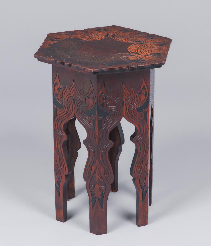Arts & Crafts Hexagonal Pyrography Taboret c1910 (1 of 5)