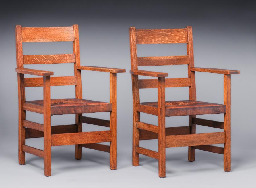 Pair L&JG Stickley Ladderback Armchairs c1905-1907 (1 of 8)