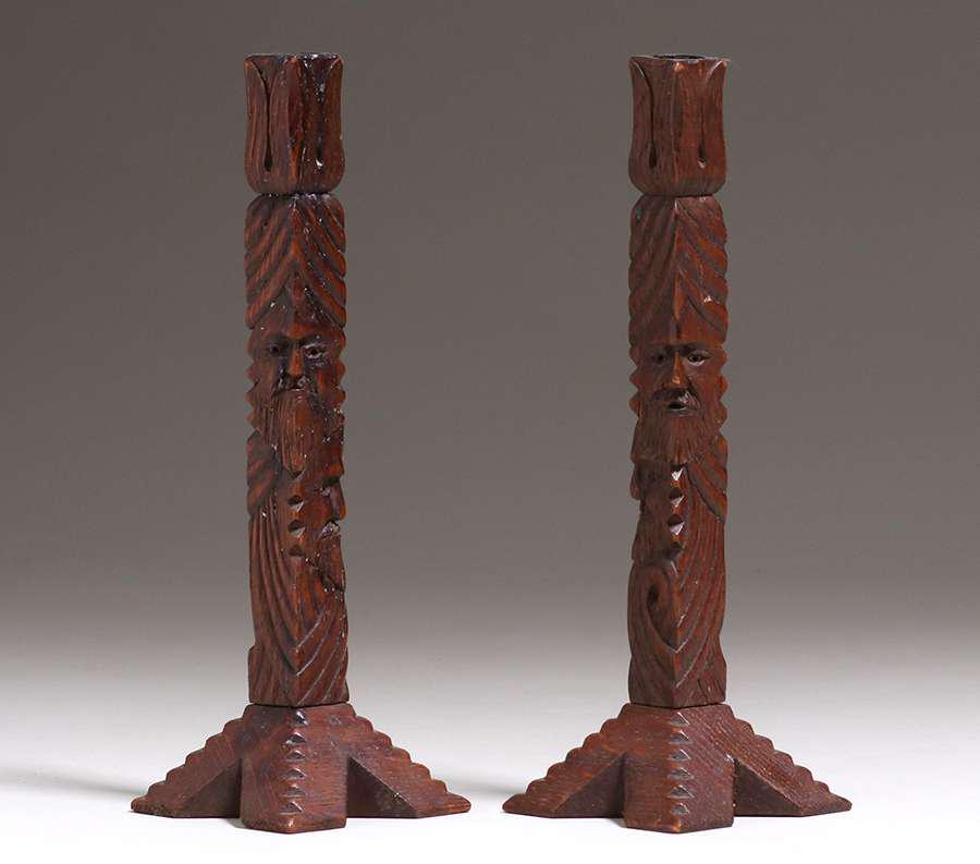 Pair Arts & Crafts hand-carved oak candlesticks c1910 (1 of 2)