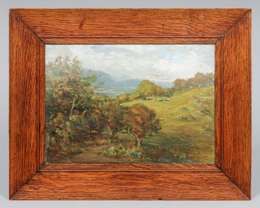 Frank Coburn Santa Barbara Mountains Painting c1920: Frank Coburn (1862-1938) Santa Barbara Mountains Painting c1920. Signed. Heavy craquelure, some minor paint loss, otherwise excellent condition. 10"h x 14"w. Oak fame 15.5"h x 19.5"w. Spend $5000 or m