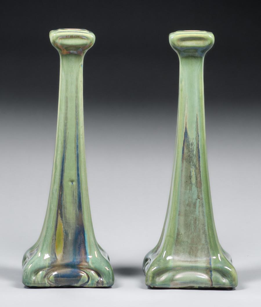 Owen Carter - Poole Pottery England Tall Candlesticks 1906: Owen Carter - Poole Pottery England Tall Candlesticks 1906. Signed. Perfect condition. 16.25"h x 6" x 6". Spend $5000 or more at this auction and all of your SHIPPING IS FREE within the lower 48 state