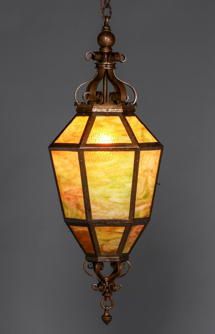 Large Hammered Copper & Slag Glass Hanging Light c1920s (1 of 8)