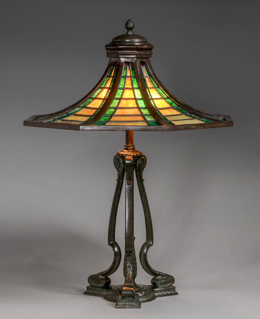Pairpoint Bronze Leaded Glass Lamp c1910 (1 of 7)