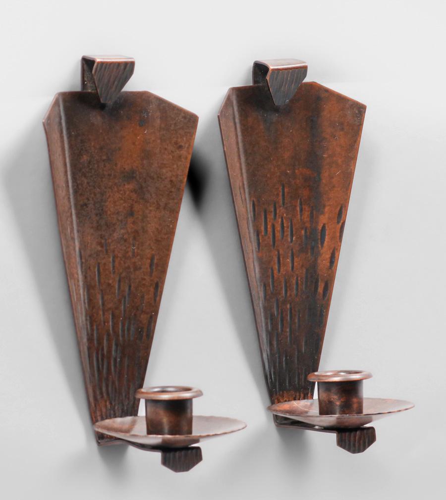 Roycroft Hammered Copper Pair Candle Sconces c1920s Mar 18, 2023