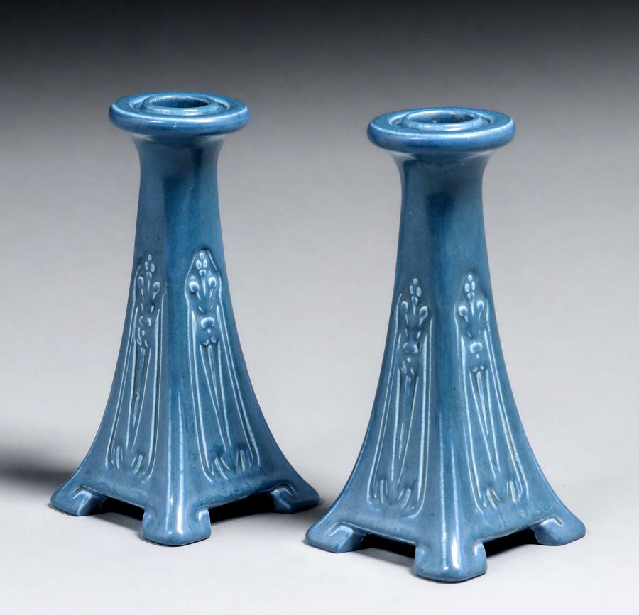 Rookwood Pottery #1635 Matte Blue Candlesticks 1922 (1 of 4)