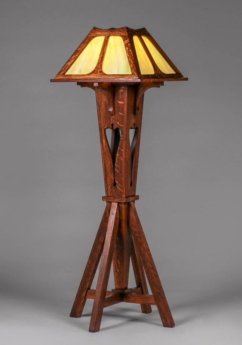 Peterson Art Furniture Co - Faribault, MN Cutout Oak & Slagglass Floor Lamp c1910 (1 of 6)