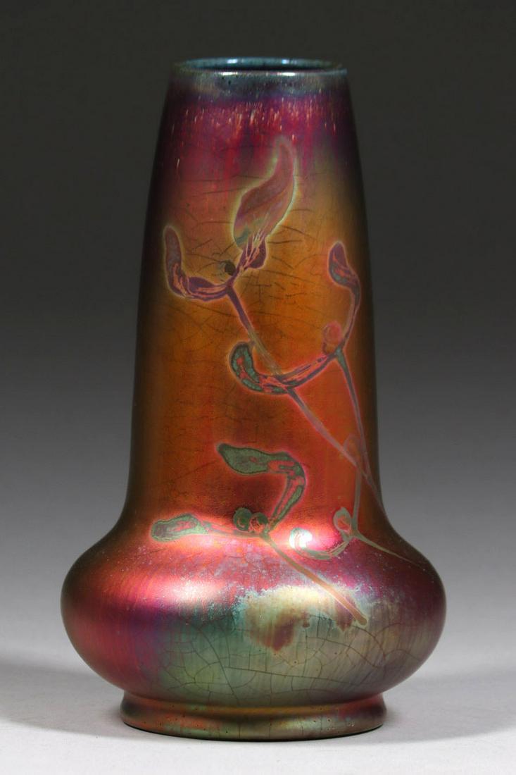 Jerome Massier Iridescent Vase c1900: Jerome Massier (1850-1916) Iridescent Vase c1900. Brother of Clement Massier. Signed. Small grinding chip, otherwise perfect condition. 7.75"h x 4"d. Spend $5000 or more at this auction and all of you