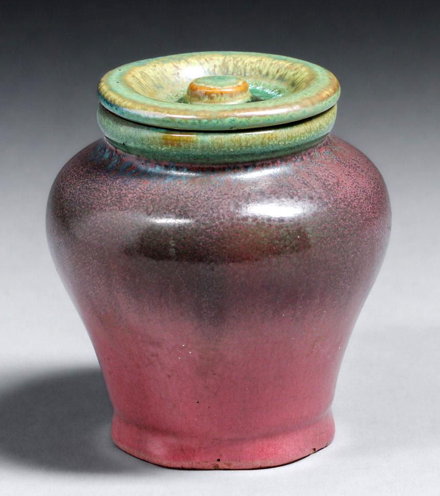 Rafco - Fulper Pottery Green & Famile Rose Covered Vase c1920s (1 of 5)