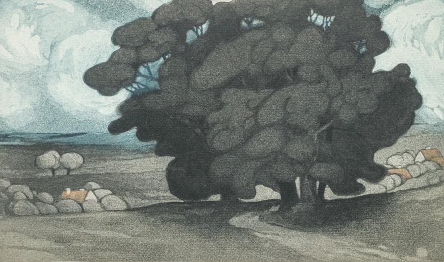 Vojtech Preissig (Czech 1873-1944) Color Etching "Oaks in Evening" c1900 (1 of 5)