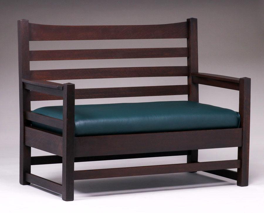 Early Gustav Stickley #161 Ladderback Bench Settle c1902: Early Gustav Stickley #161 Ladderback Bench Settle c1902. Unsigned. Very nicely refinished. Rock solid sturdy. 50.25"w x 38.75"h x 25.25"d. Spend $5000 or more at this auction and all of your SHIPPING