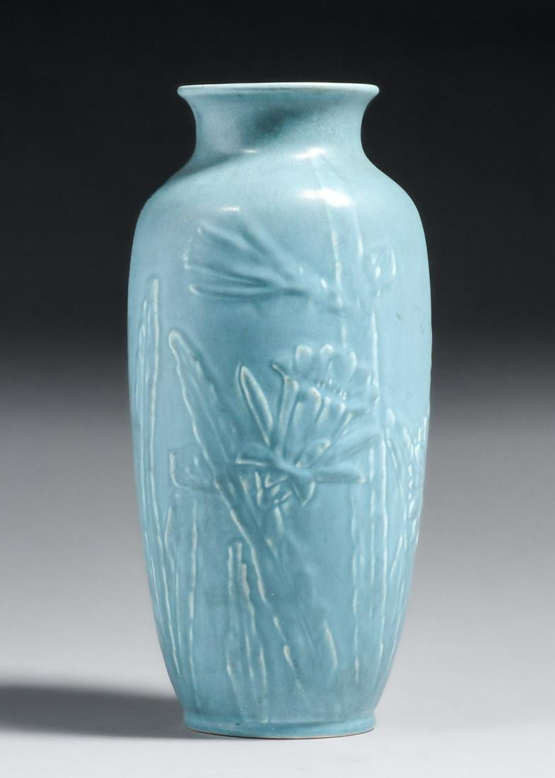 Rookwood Pottery #6870 Matte Blue Vase 1945: Rookwood Pottery #6870 Matte Blue Vase 1945. Signed. Drilled for a lampbase, otherwise perfect condition. 12"h x 5"d. Spend $5000 or more at this auction and all of your SHIPPING IS FREE within the lo