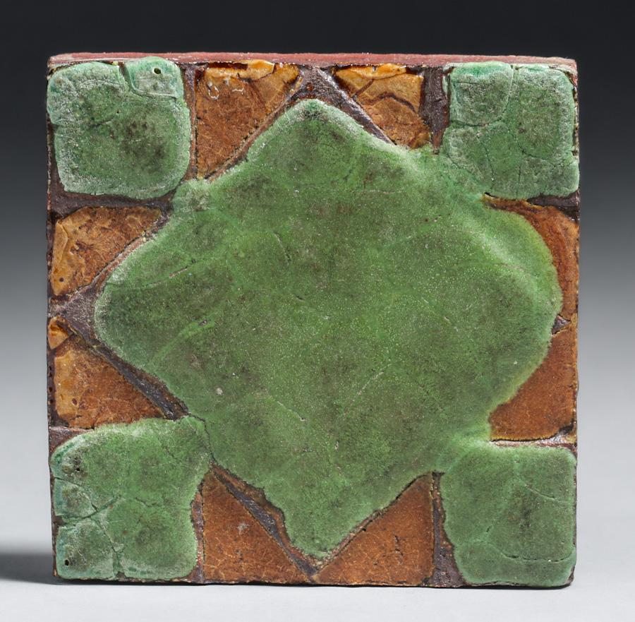 Grueby Matte Green & Brown Geometric Tile c1910 (1 of 4)