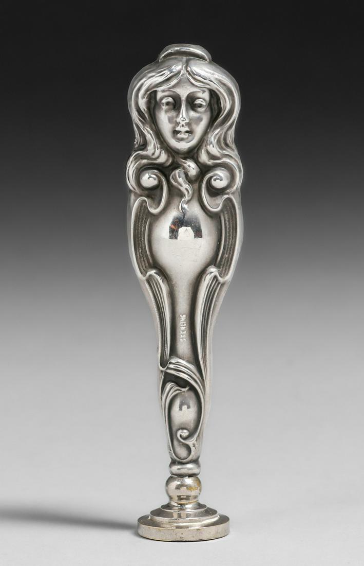 Art Nouveau Sterling Silver Wax Seal c1890s: Art Nouveau Sterling Silver Wax Seal c1890s. Unsigned. Excellent condition. 4" long. Spend $5000 or more at this auction and all of your SHIPPING IS FREE within the lower 48 states. SHIPPING We box an