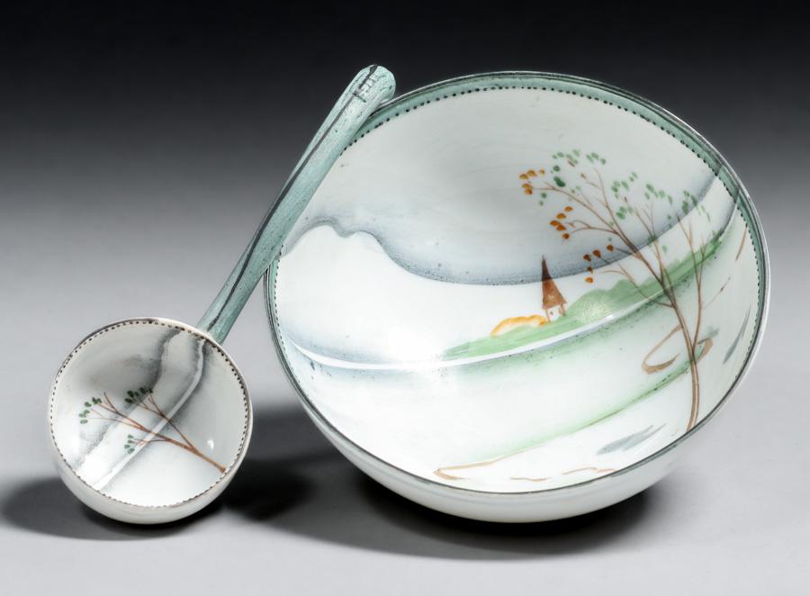 Nippon Japan Porcelain Bowl & Soup Spoon c1920s: Nippon Japan Porcelain Bowl & Soup Spoon c1920s. Signed. Perfect condition. Bowl 4 5/8"d x 2 1/8"h. Spoon 5" long. Spend $5000 or more at this auction and all of your SHIPPING IS FREE within the lower