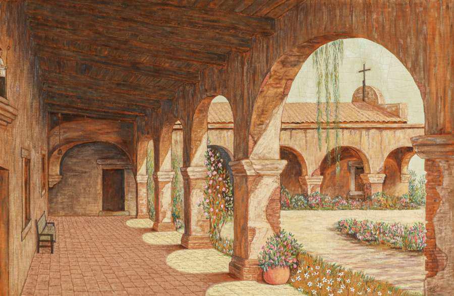 Carl Devoy San Juan Capistrano Mission Painting on Velvet c1930s (1 of 3)