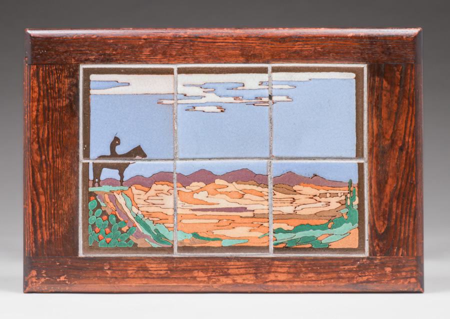 Taylor Tile Co - Los Angeles Six-Tile Native American on Horseback Table c1930s: Taylor Tile Co - Los Angeles Six-Tile Native American on Horseback Table c1930s. Unsigned. Slightly worn original finish. Top joinery slightly uneven. Tiles in perfect condition. 26"w x 17"d x 16"h. S