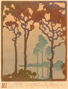 Heinrich Carl Color Woodcut "The Oakes" c1920: Heinrich Carl Color Woodcut "The Oakes" c1920. Not much is known about Heinrich Carl. Such a talented artist without any biographical information. May have been a student of either Arthur Wesley Dow o