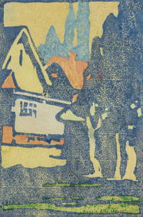 Bessie Ella Hazen Color Woodcut Arthur Wesley Dow Influence c1910: Bessie Ella Hazen (1862-1946) Color Woodcut Arthur Wesley Dow Influence c1910. Signed. Small tear upper right. Vivid colors. 8.75"h x 5.75"w. Frame 17.5"h x 14.5"w.