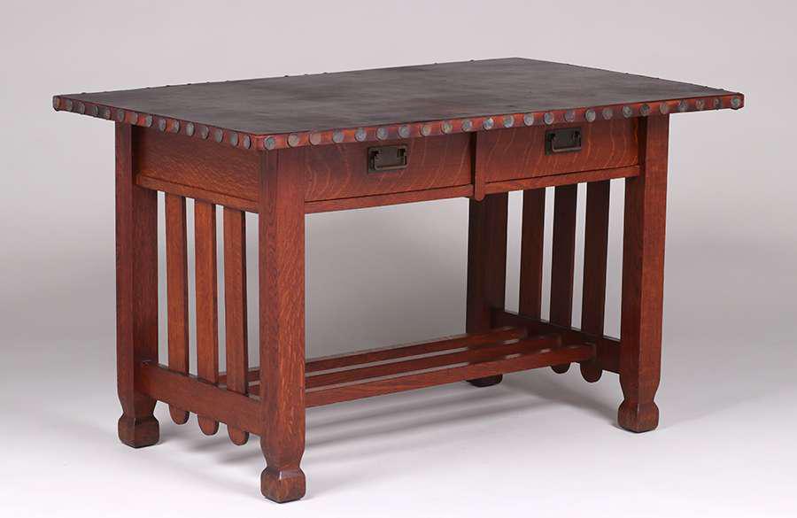 Stickley Brothers Two-Drawer Leather-Top Library Table c1910 (1 of 2)