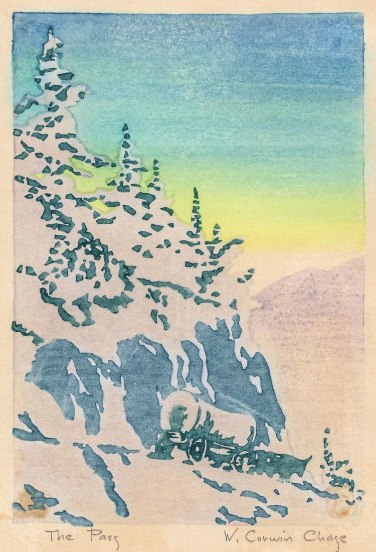 Waldo Chase Color Woodcut "The Pass" c1920s: Waldo Chase (1895-1988) Color Woodcut "The Pass" c1920s. Signed. Excellent condition. 6.75"h x 4.5"w. Frame 12"h x 9.75"w.