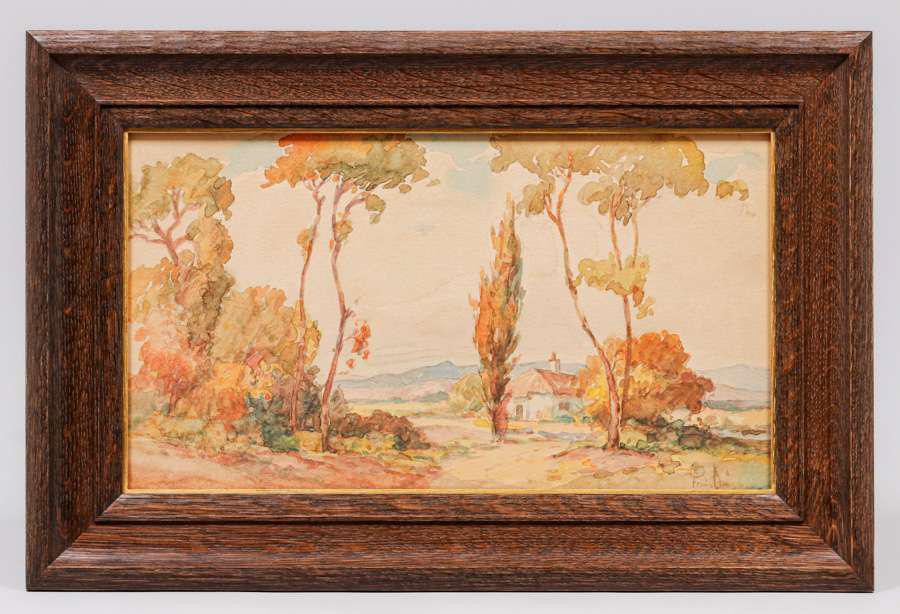 Francis Davis Schwartz Eucalyptus Trees Watercolor c1920: Francis Davis Schwartz (1879-1969) Eucalyptus Trees Watercolor c1920. Signed. Excellent condition. Tim Holton Custom Oak Frame. UV filtered museum glass. 10"h x 18"w. Frame 16"h x 24"w.