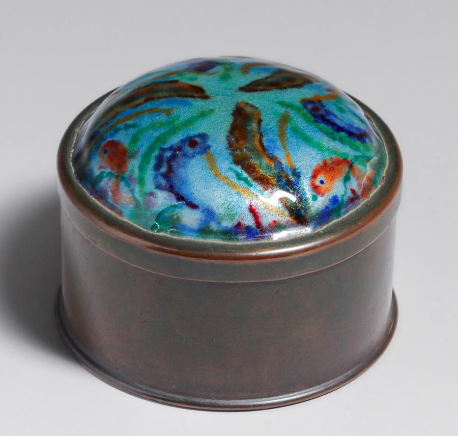Boston Arts & Crafts Hammered Copper & Enamel Fish Motif Box c1920 (1 of 4)