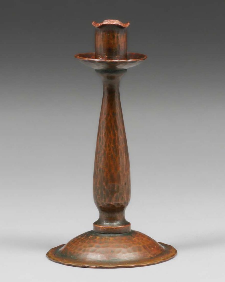 Harry St John Dixon Hammered Copper Candlestick 1925: Harry St John Dixon Hammered Copper Candlestick 1925. Extremely well executed and quite heavy. Signed. Excellent original patina. 6.5"h x 3.5"d. Spend $5000 or more at this auction and all of your SHI