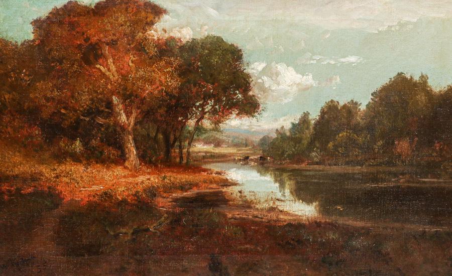 William Keith Northern California Oak Trees & Cows 1893: William Keith (1838-1911) Northern California Oak Trees & Cows 1893. Signed. Excellent condition. Original Vickery, Atkins & Torrey gold leaf, hand-carved frame. 18"h x 29"w. Frame 24.5"h x 35.5"w. Sp