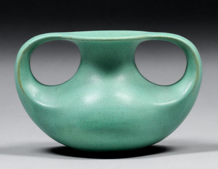 Teco Pottery Matte Green Two-Handled Oval Vase c1910 (1 of 4)