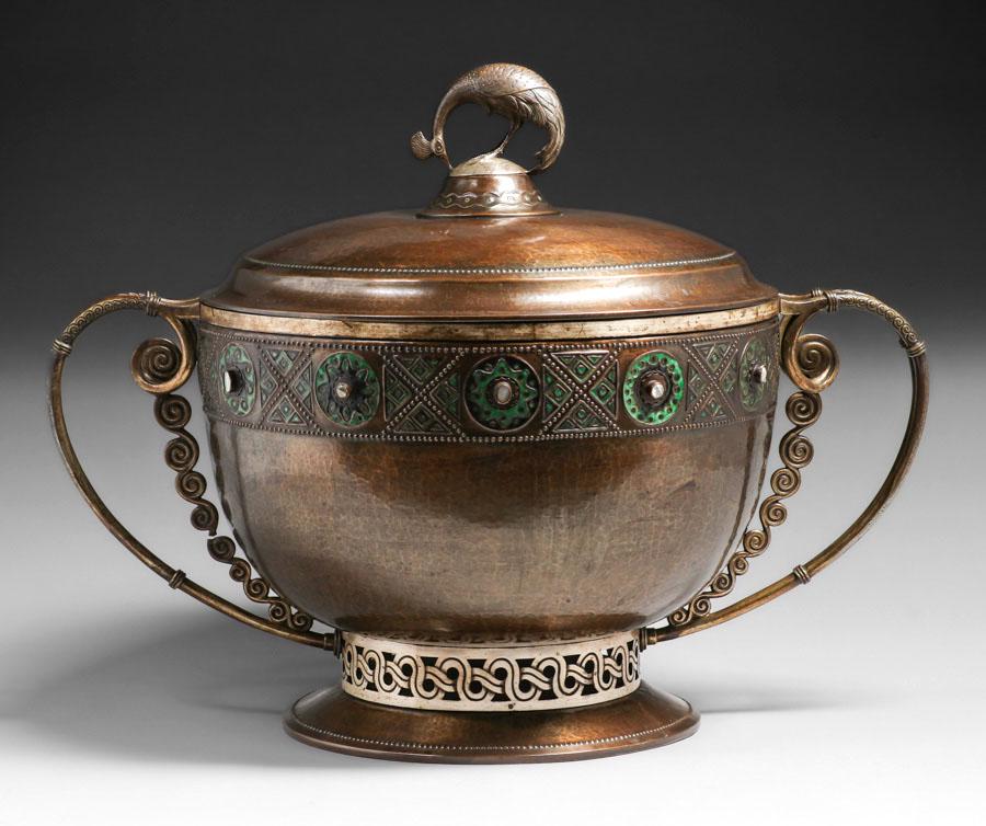 Ludwig Vierthaler Hammered Brass, Enamel & Mother-of-Pearl Two-Handled Peacock Jardiniere c1900 (1 of 9)