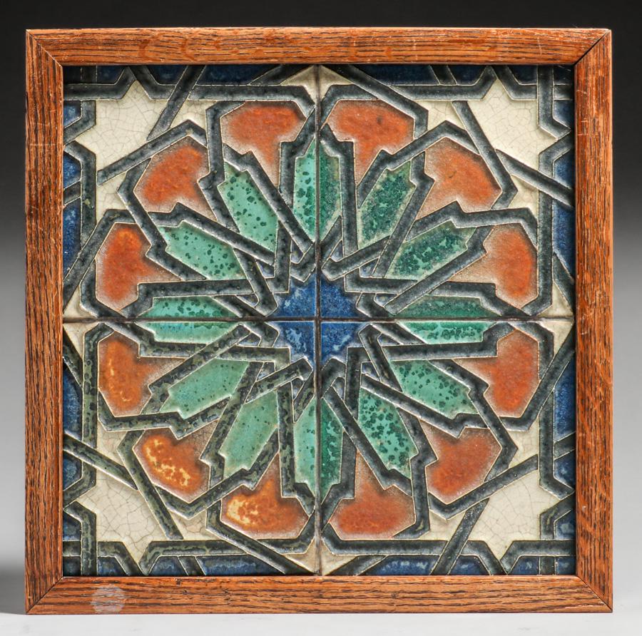 AETCO Geometric Starbust Four-Tile Set c1920: AETCO Geometric Starbust Four-Tile Set c1920. Set into a metal mount within oak frame. Excellent condition. Tiles 12" x 12". Oak frame 13" x 13". Spend $5000 or more at this auction and all of your SH