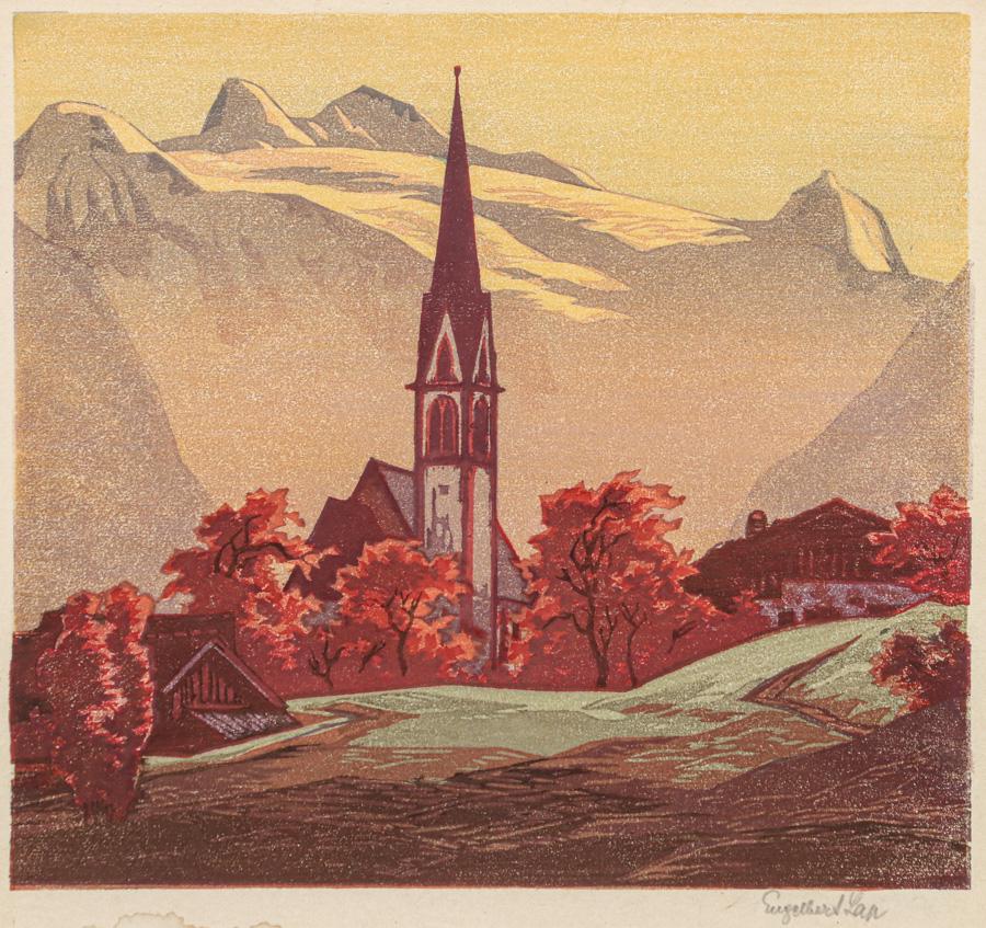 Engelbert Lap Color Woodcut "Autumn Evening in the Austrian Alps" c1920s (1 of 9)