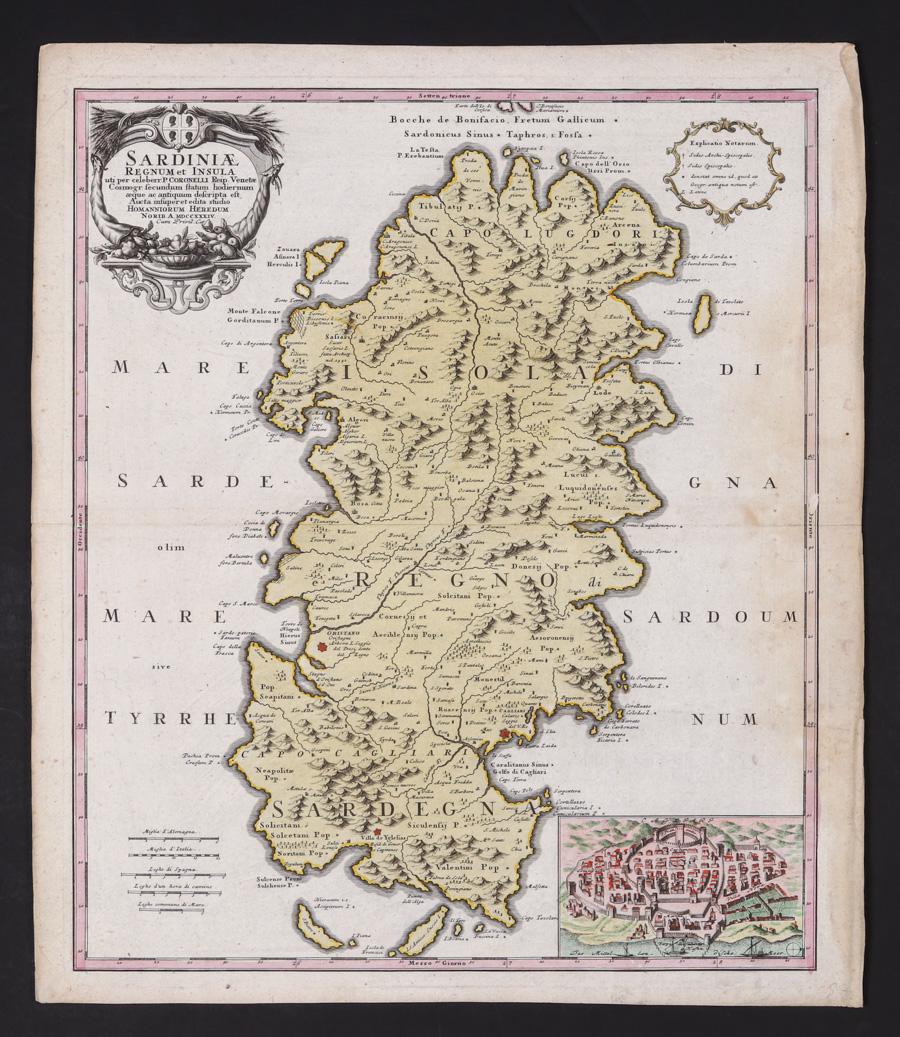 Antique Map of Sardinia 1734: Antique Map of Sardinia 1734. With a detailed drawing of Cagliari. Center creased. 22.5"h x 19"w. Sheet 24.5"h x 21.25"w. Spend $5000 or more at this auction and all of your SHIPPING IS FREE within th