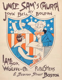 Ethel Reed (1874-1912) Poster Zincograph "Uncle Sam's Church by John Bell Bolton" 1895: Ethel Reed (1874-1912) Poster Zincograph "Uncle Sam's Church by John Bell Bolton" 1895. Small loss and wrinkling to lower left corner, otherwise excellent condition. Published by Lamson, Wolfe & Co, B