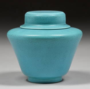 Rookwood Pottery #6569 Turquoise Blue Covered Vase 1937: Rookwood Pottery #6569 Turquoise Blue Covered Vase 1937. Signed. Perfect condition. 6.5"d x 6"h. Spend $7500 or more at our two day auction and all of your SHIPPING IS FREE within the lower 48 states.