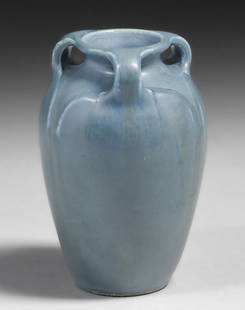 Rookwood Pottery Matte Blue Three-Handle Vase c1920: Rookwood Pottery Matte Blue Three-Handle Vase c1920. Glazed over signature. Perfect condition. 5.25"h x 3"d. Spend $7500 or more at our two day auction and all of your SHIPPING IS FREE within the lowe