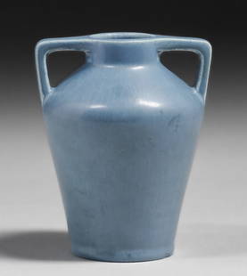 Rookwood Pottery #2561 Matte Blue Two-Handled Vase 1922: Rookwood Pottery #2561 Matte Blue Two-Handled Vase 1922. Signed. Perfect condition. 4.5"h x 3.5"w. Spend $7500 or more at our two day auction and all of your SHIPPING IS FREE within the lower 48 state