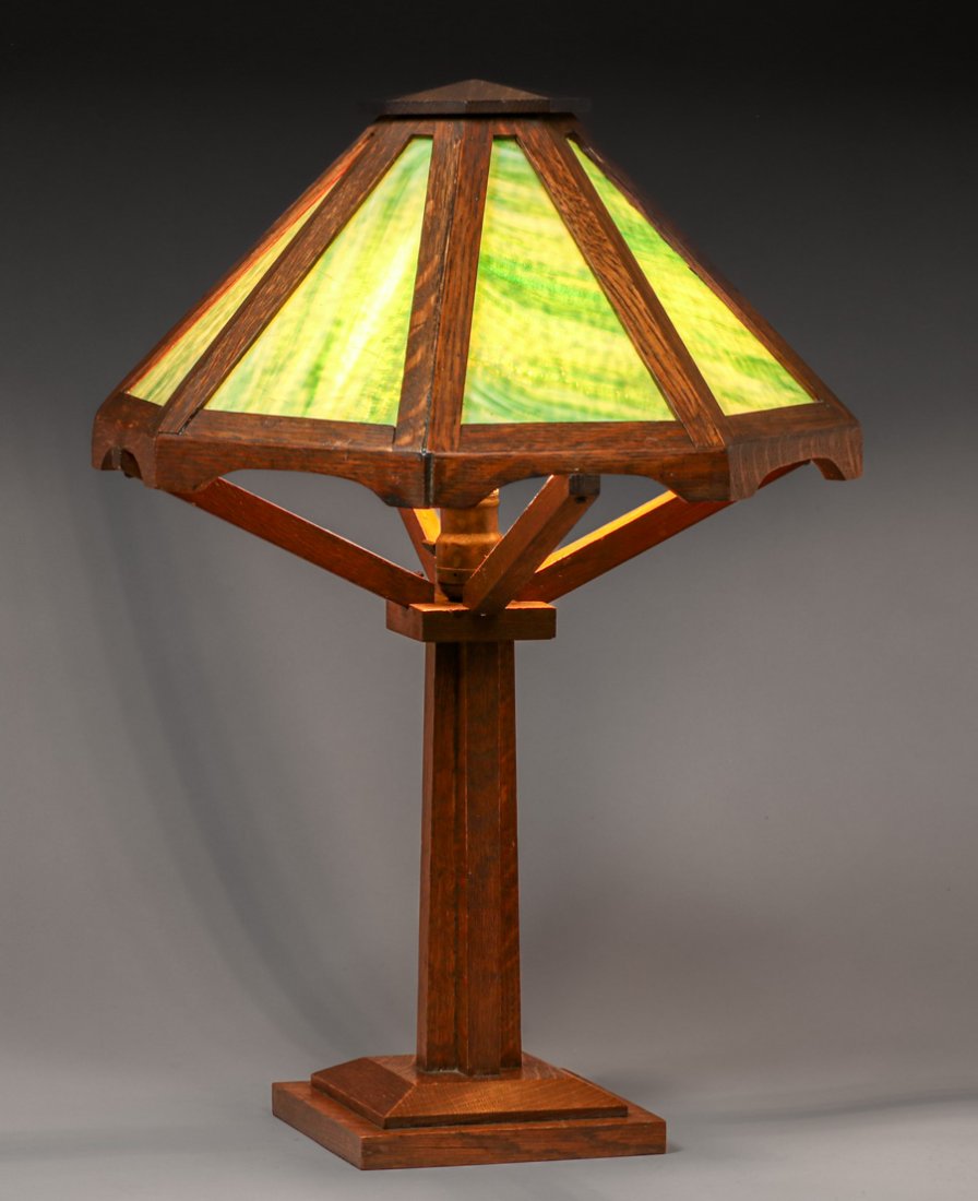W.B. Brown Oak & Slag Glass Lamp c1910 (1 of 6)