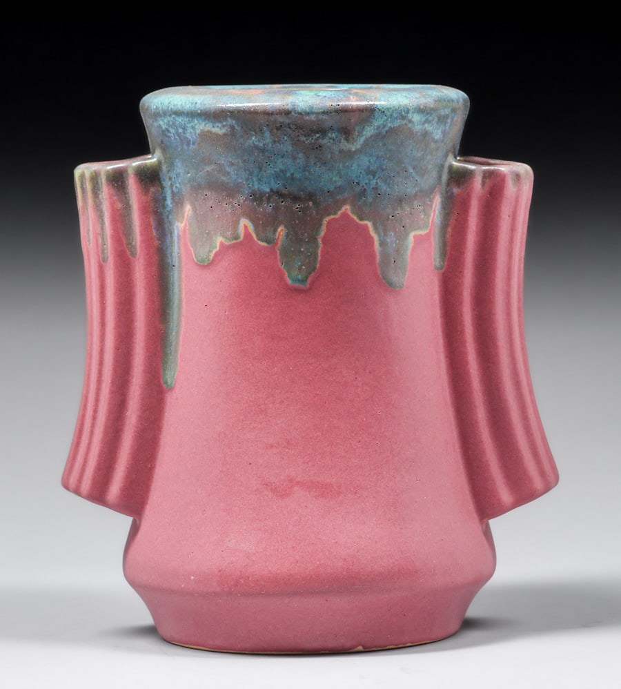 Fulper Pottery #804 Art Deco Two-Handled Pink& Blue Vase c1920s (1 of 5)