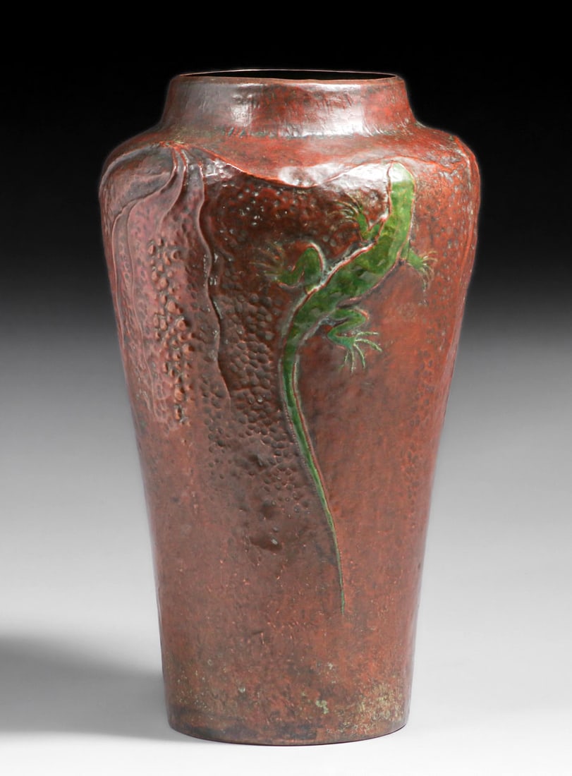Ludwig Vierthaler Hammered Copper & Enamel Lizard Vase c1905 (1 of 4)