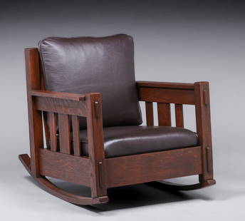 Stickley Brothers Slatted Rocker c1910: Stickley Brothers Slatted Rocker c1910. Unsigned. Very nicely refinished. 31"h x 28.5"w x 38.25"d. Spend $7500 or more at this auction and all of your SHIPPING IS FREE within the lower 48 states. SHIP